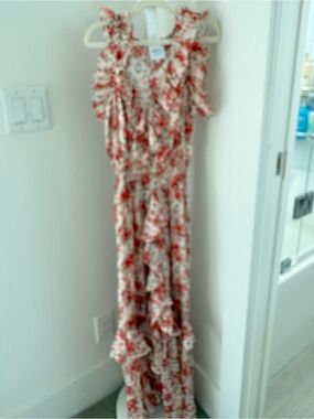 Misa Los Angeles Red and Cream Floral Ruffle Maxi Dress